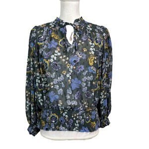 Rachel Zoe Blouse Top size Small Purple Yellow Floral Sheer Peasant Prairie Boho